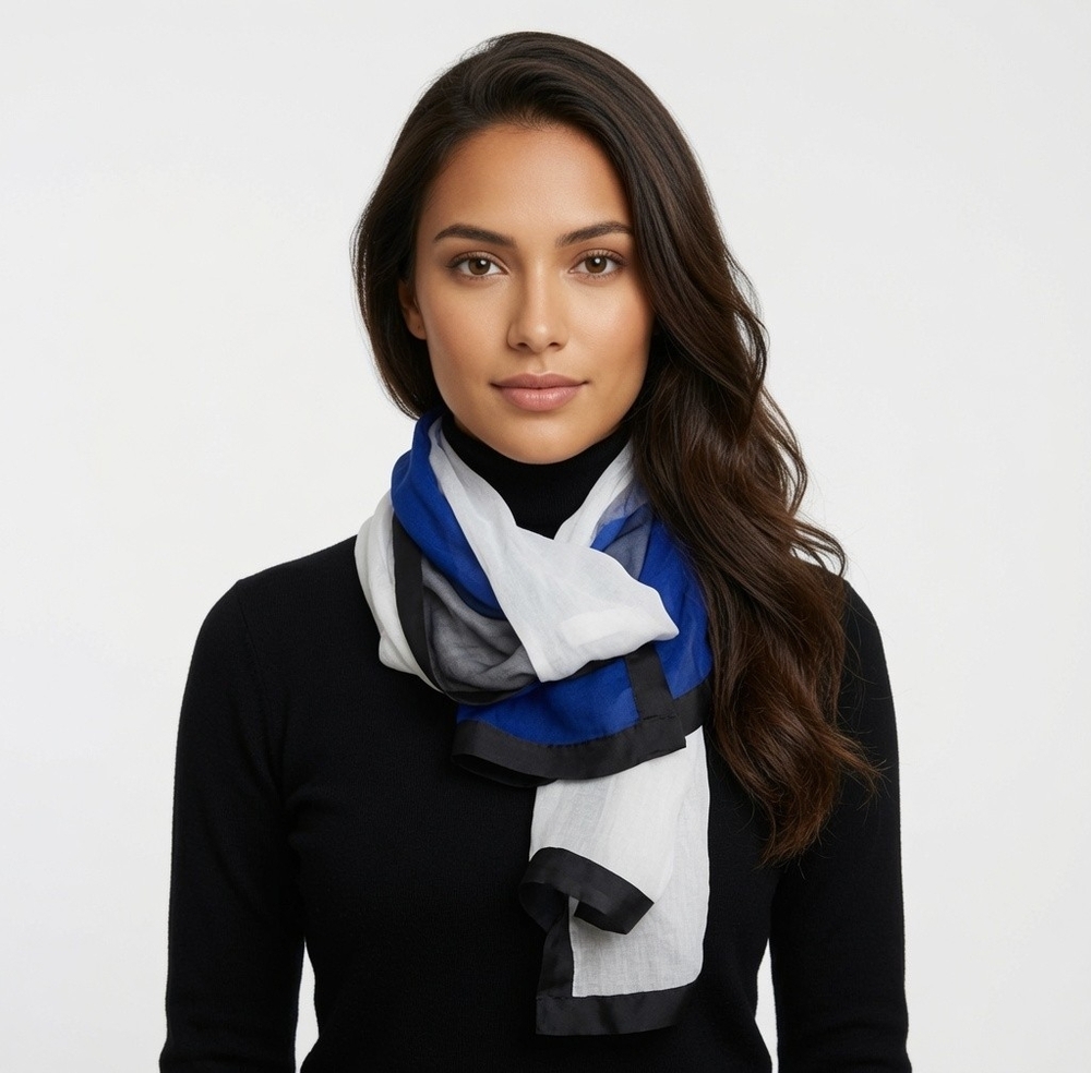 Designer Blue Black White Blocks Framed Silk Scarf 72"x28" Neckerchief Wrap VG